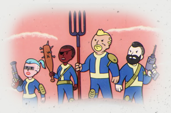a group of vault dwellers holding various Fallout weapons stand together.