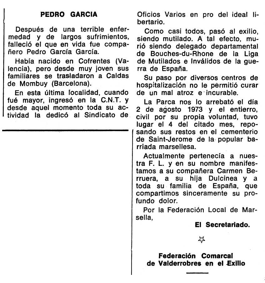 Necrològica de Pedro García García apareguda en el periòdic tolosà "Espoir" del 18 de novembre de 1973
