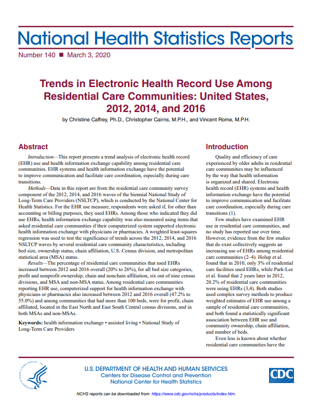 This is the thumbnail for the National Health Statistics Report on Trends in Electronic Health Record Use Among Residential Care Communities: United States, 2012, 2014, and 2016