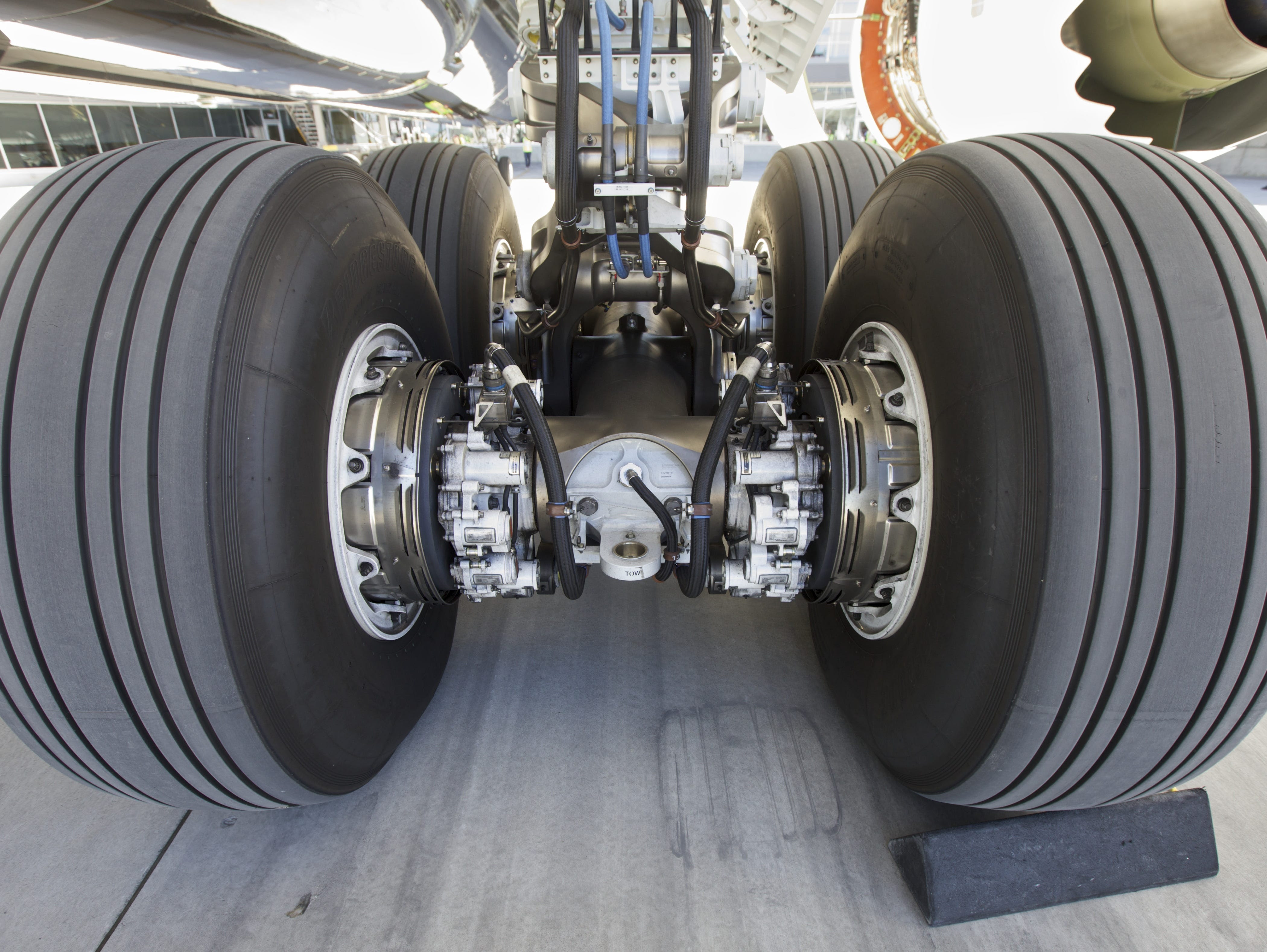 The landing gear of an Air New Zealand Boeing 787-9 Dreamliner.