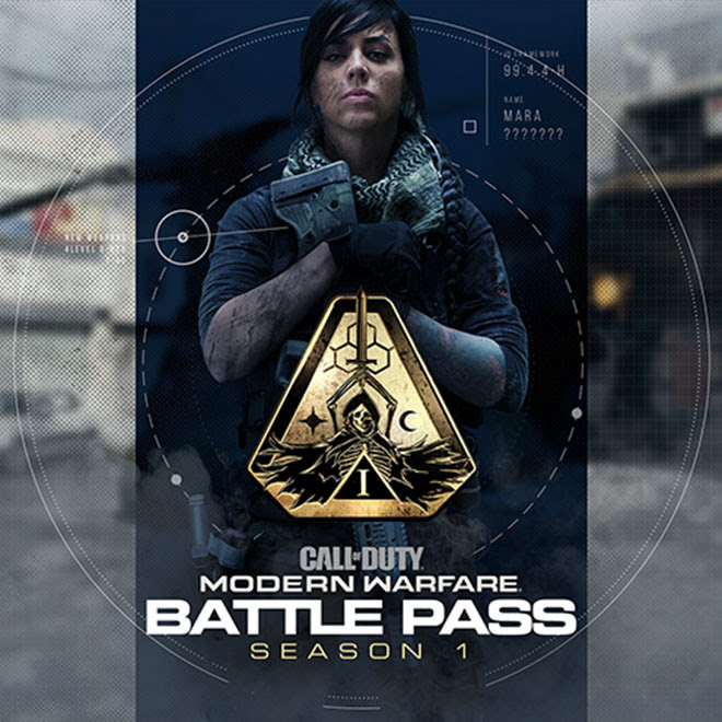 New Call of Duty operator Mara clutches her assault rifle behind the Call of Duty: Modern Warfare Battle Pass Season 1 title card.
