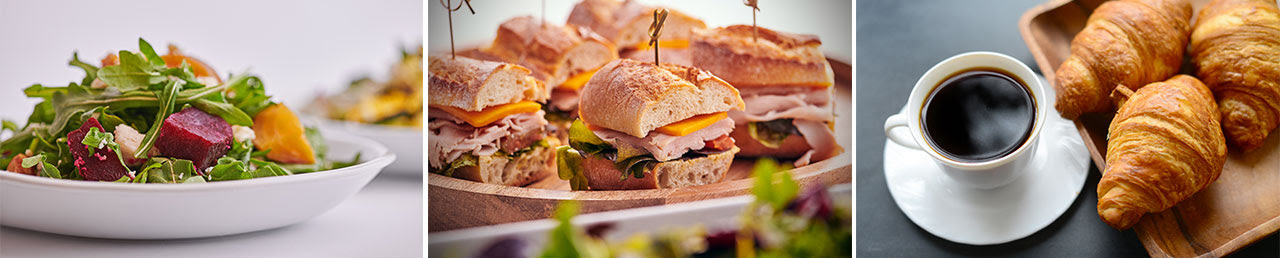 Imagens de saladas, sanduíches e croissants.