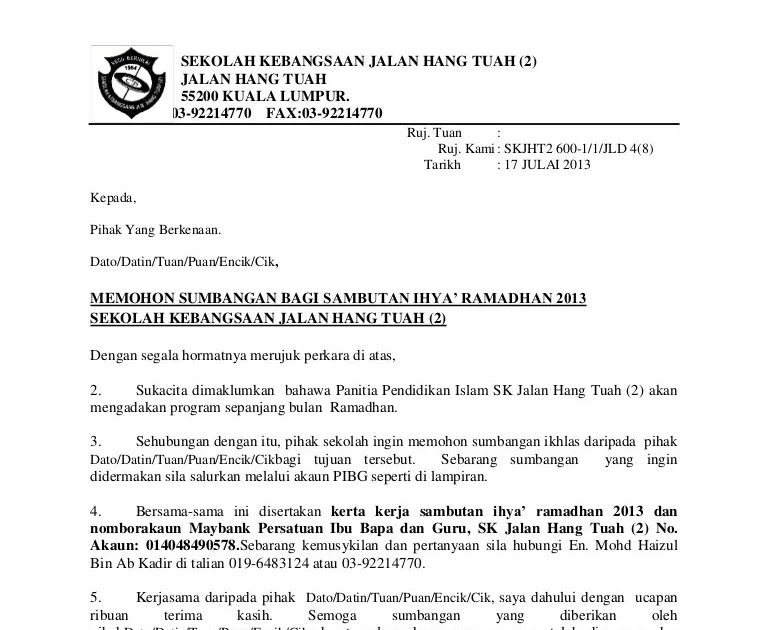 Contoh Surat Rasmi Untuk Tan Sri