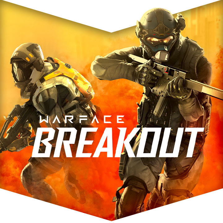 Key art from Warface: Breakout featuring player characters running through colored smoke in tactical combat gear
