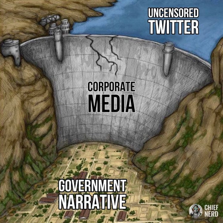 Cartoon depicting a giant dam holding back a sea of "Twitter Uncensored." Below the dam in the flood plain it says "Government narrative/" The dam itself is labelled "Corporater media."