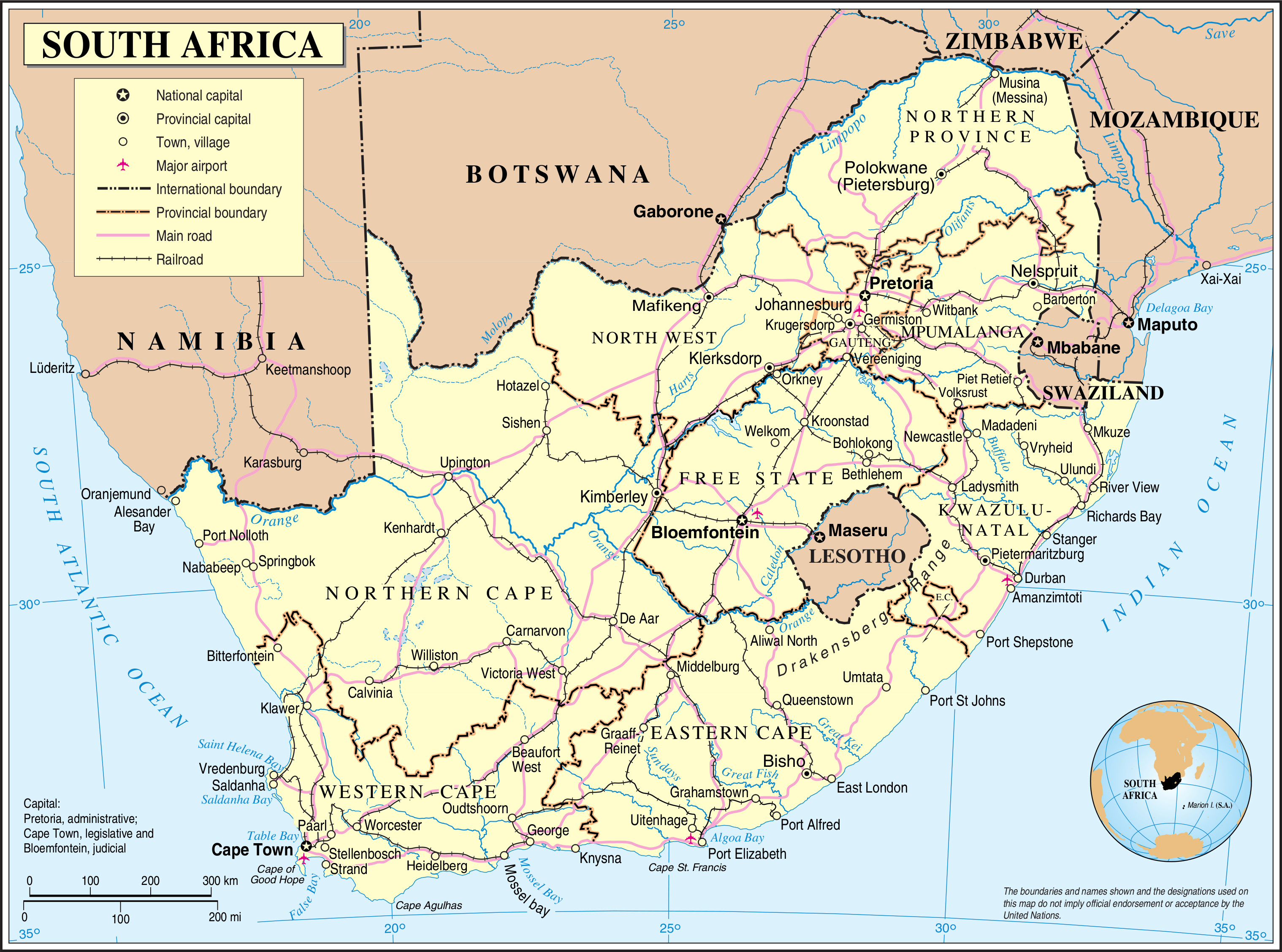 List of cities in africa by population; Detailed Political Map Of South Africa With Cities Airports Roads And Railroads Vidiani Com Maps Of All Countries In One Place