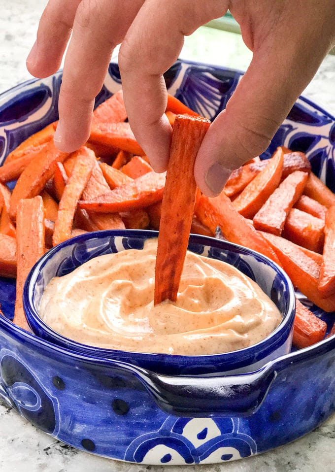 The dipping sauce only uses four ingredients. Chili And Brown Sugar Baked Sweet Potato Fries With Chipotle Aioli Dip