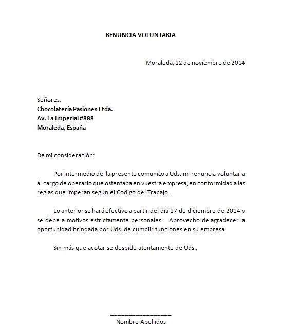 Carta De Renuncia Word Colombia - x Carta De
