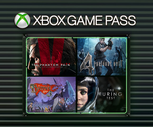 Front covers of games available with Xbox Game Pass, including Metal Gear Solid V: The Phantom Pain, Resident Evil 4, The Banner Saga 3, and The Turing Test.
