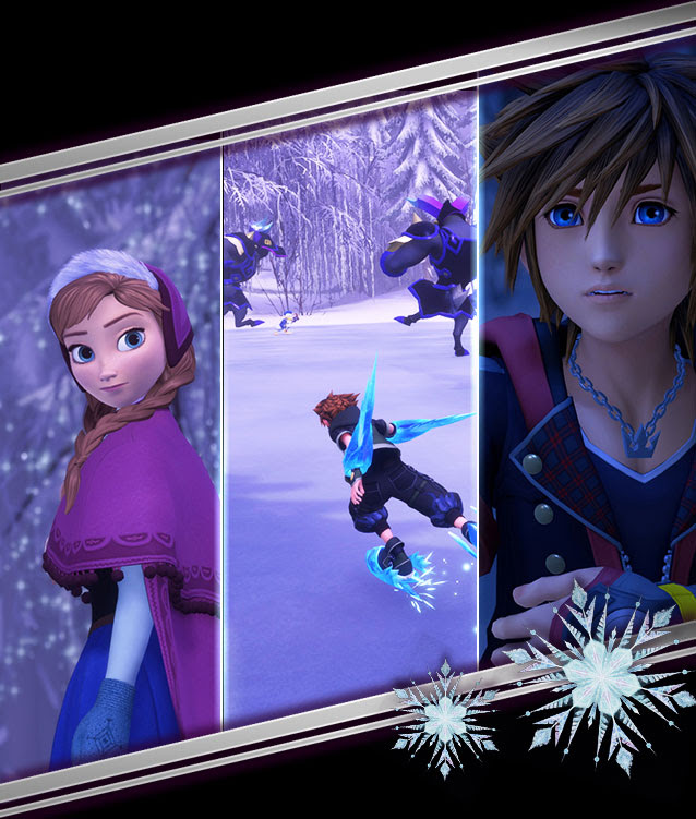 Three, in-gameplay scenes featuring the Frozen world.