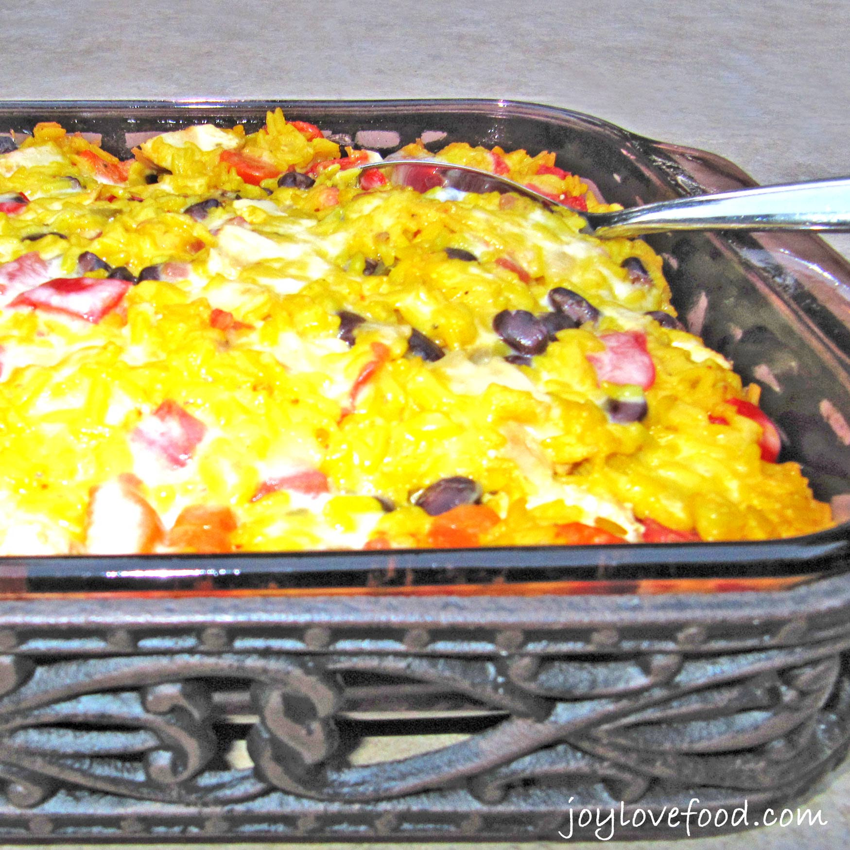 Chicken baked with onions, bell peppers, and water chestnuts, then added to prepared yellow rice makes this reviews for: Cheesy Chicken Yellow Rice And Black Bean Casserole Joy Love Food