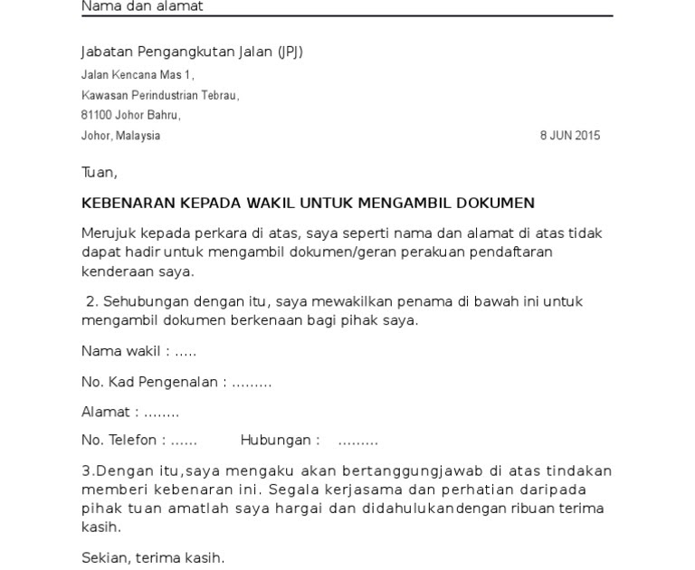 Contoh Surat Wakil Kuasa Ambil Geran Contoh Surat