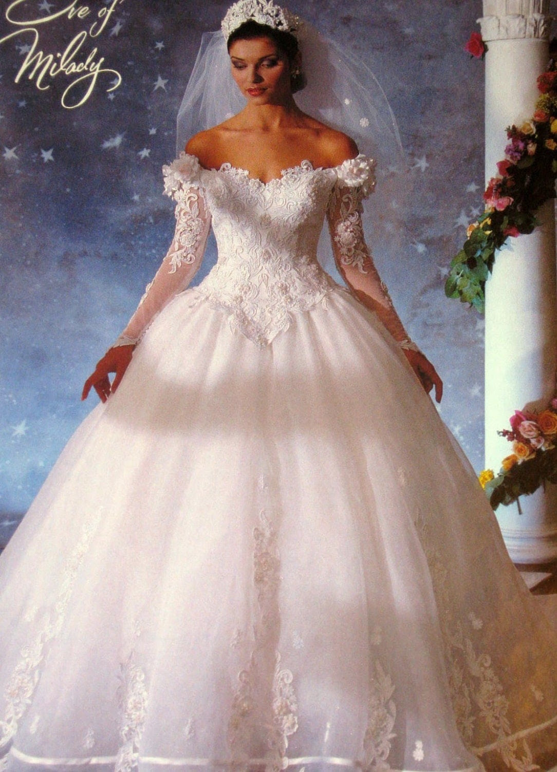 Romantic white wedding dress 80s victorian style dress precious bodice embroidered with beads, pearls and sequins boat neckline long puff sleeves full skirt whit long train back zipper closure bow on the back it is fully lined with a satin polyester colour: Wedding Dresses 1980 S Wedding Dresses