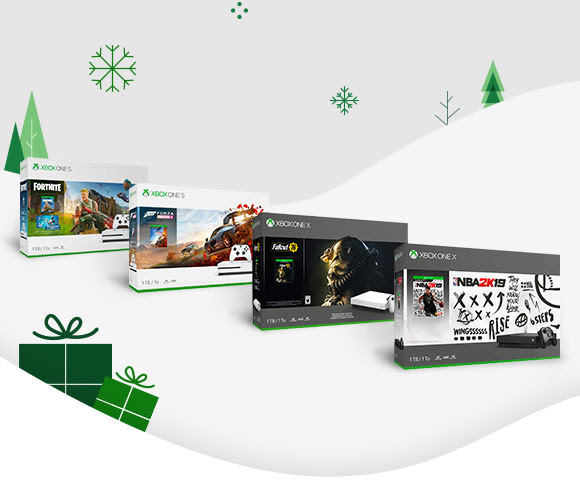 A variety of Xbox One S and Xbox One X bundles sit upon an illustrated snow-filled hillside.