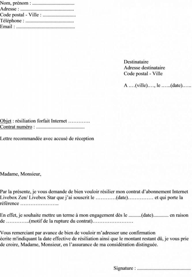 lettre de resiliation abonnement internet