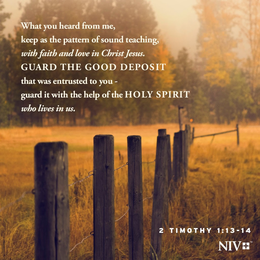 13 What you heard from me, keep as the pattern of sound teaching, with faith and love in Christ Jesus. 14 Guard the good deposit that was entrusted to you—guard it with the help of the Holy Spirit who lives in us. 2 Timothy 1:13-14