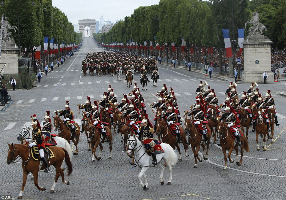 Among those taking part in the traditional Bastille Day parade was this mounted element of the Republican Guard in ceremonial uniform 