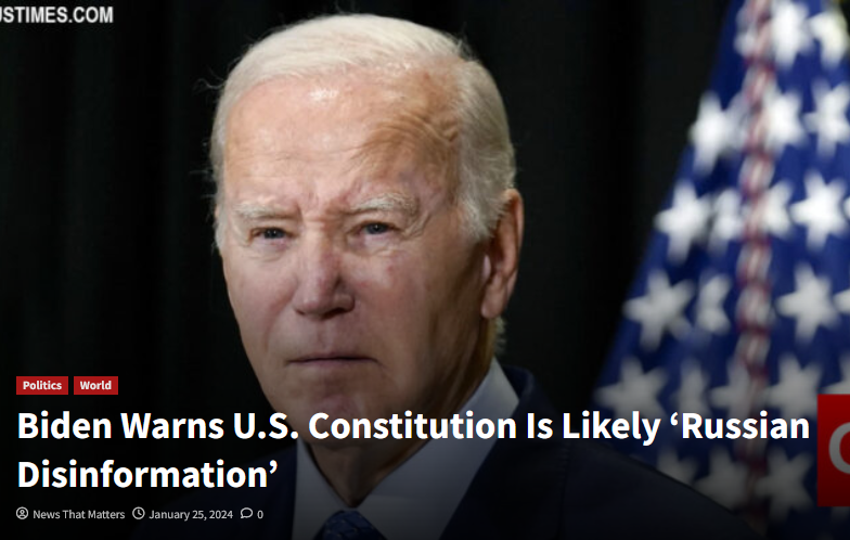 Meme which has Joe Biden claiming the US Constitution is a Russian Hoax.