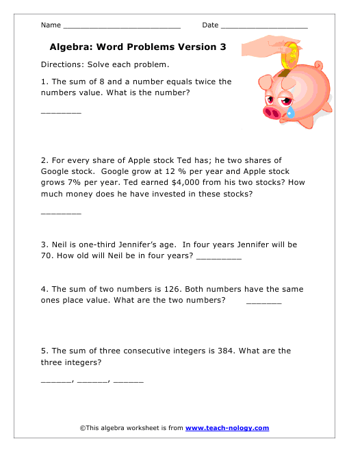 In these worksheets, students will practice solving word problems using basic and intermediate algebra skills. Math Word Problem Algebra