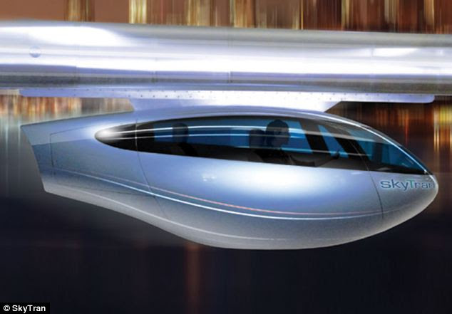 Jet-like: The transport system will use cutting edge technology to see two-person pods (illustrated) suspended from magnetic tracks, so they appear to hover