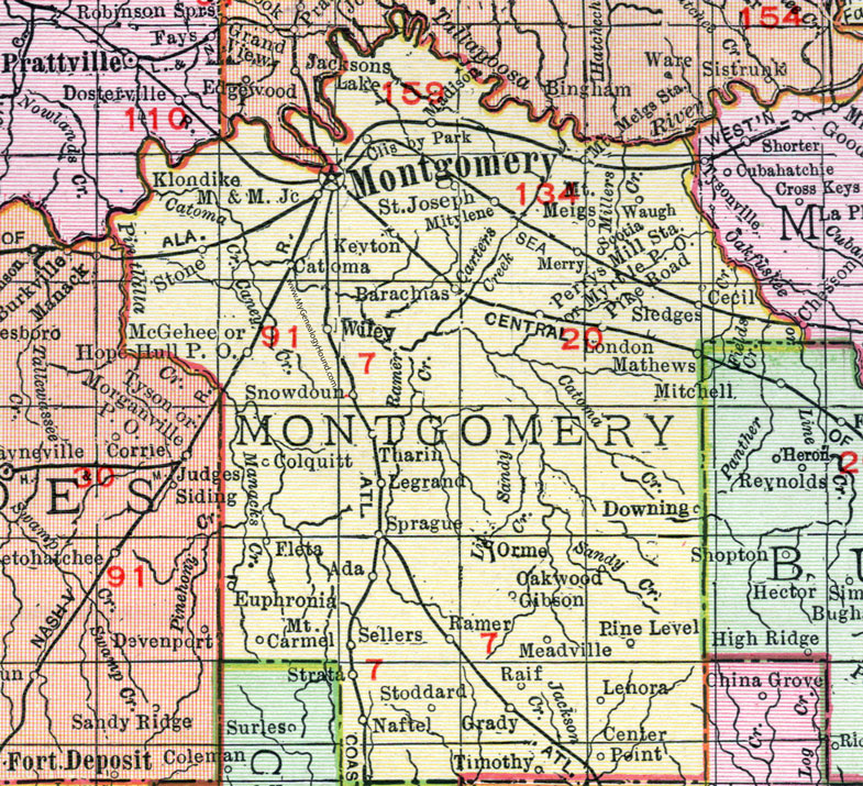 Alabama county map and list of counties by mapwatch.com alabama county map: Montgomery County Alabama Map 1911 Montgomery City Mt Meigs Sprague Ramer Grady