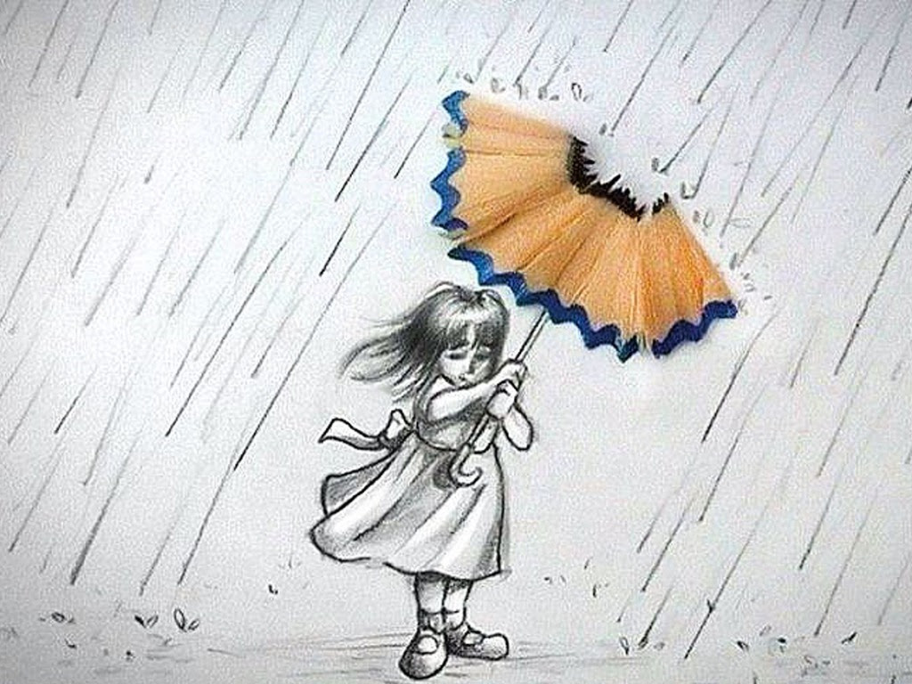 Pencil Drawing Of A Girl And Boy In The Rain With An Umbrella Rectangle Circle