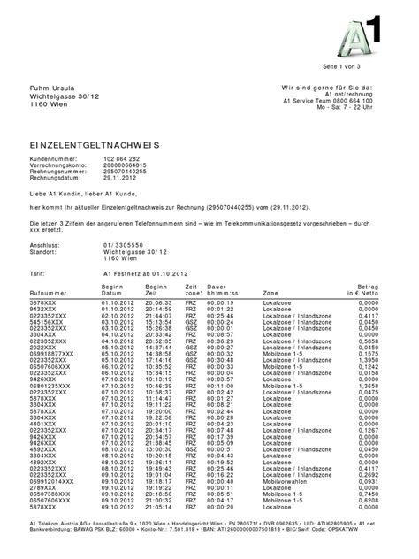 Einzelentgeltnachweis A1 Rechnung 20121129