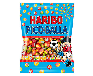 Ovocné želé s cukrovou hmotou, červená se zelenou nebo citron s jahodou. Haribo Pico Balla Aldi Sud Deutschland Archiv Werbeangebote