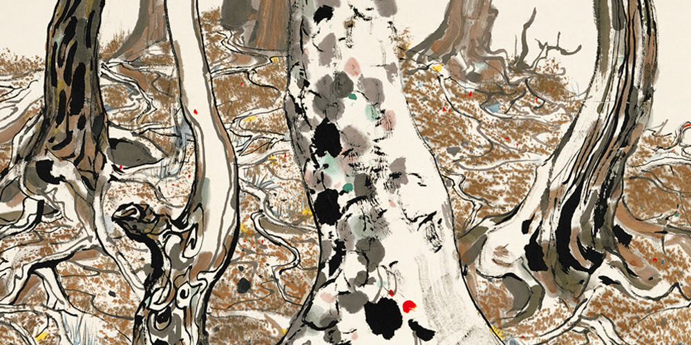 Detail of a painting of tree trunks by Wu Guanzhong