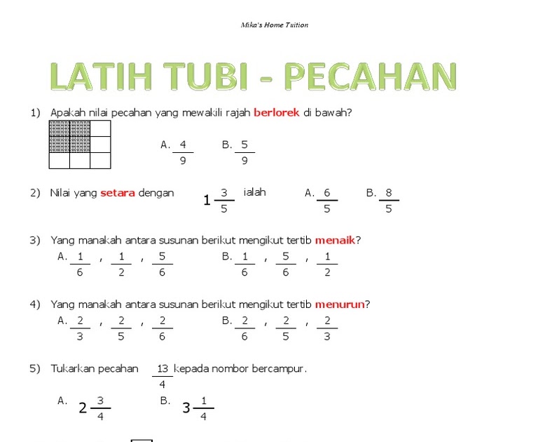 Contoh Soalan Matematik Pecahan Tahun 5 - Soalan 0