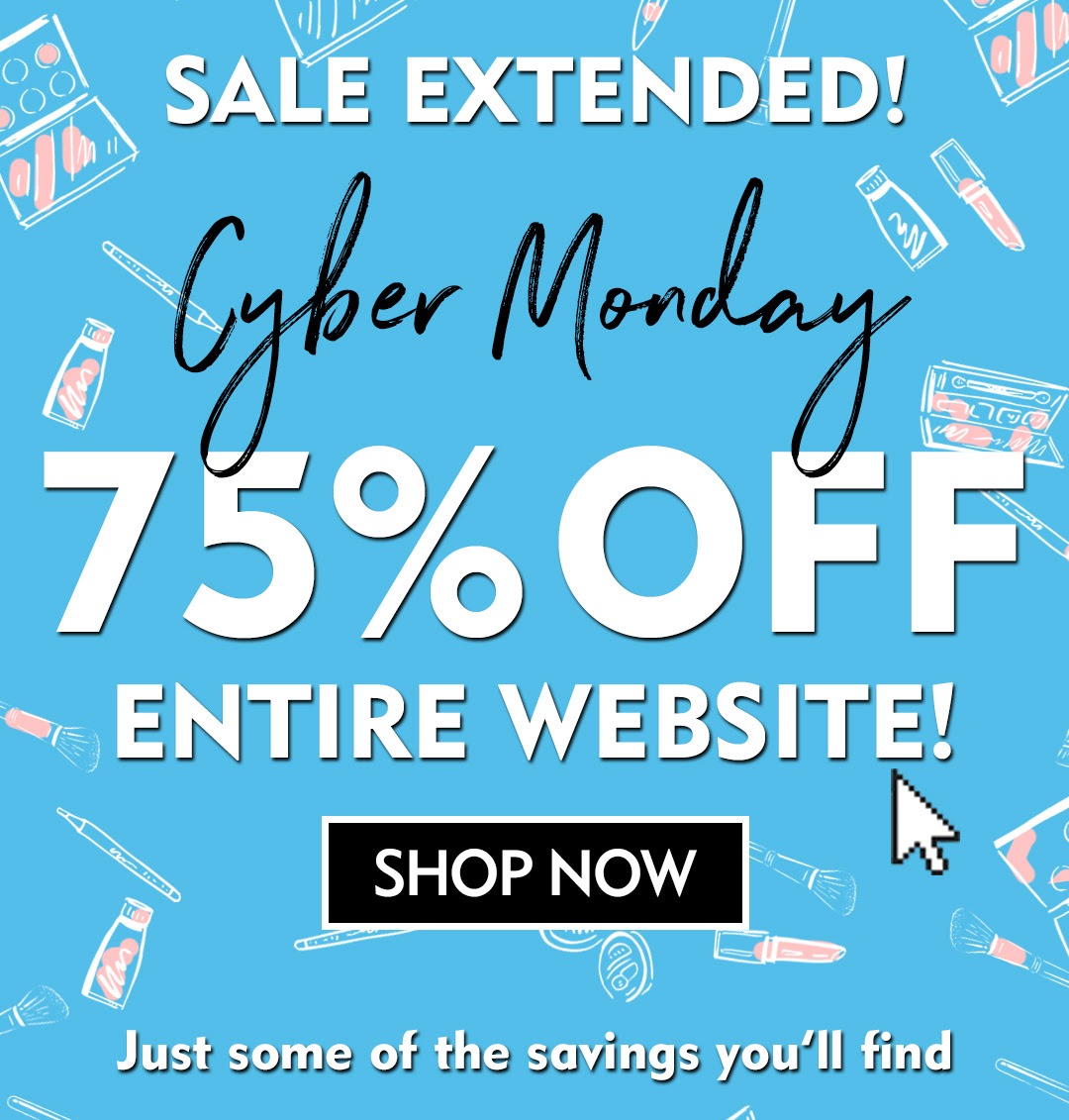 75% Off the Entire Website includes eyeshadow palettes, blushes, brushes, eyeliners, lipsticks, concealers, lip glosses and more!