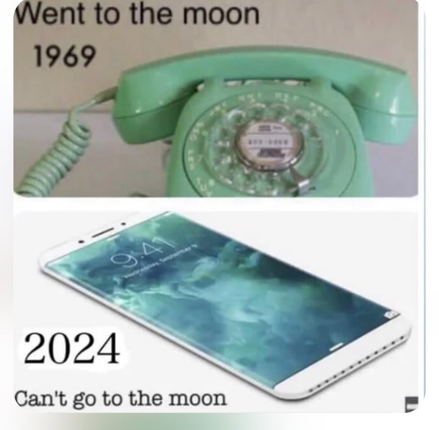 Meme showing two phones and questioning Moon Landing.