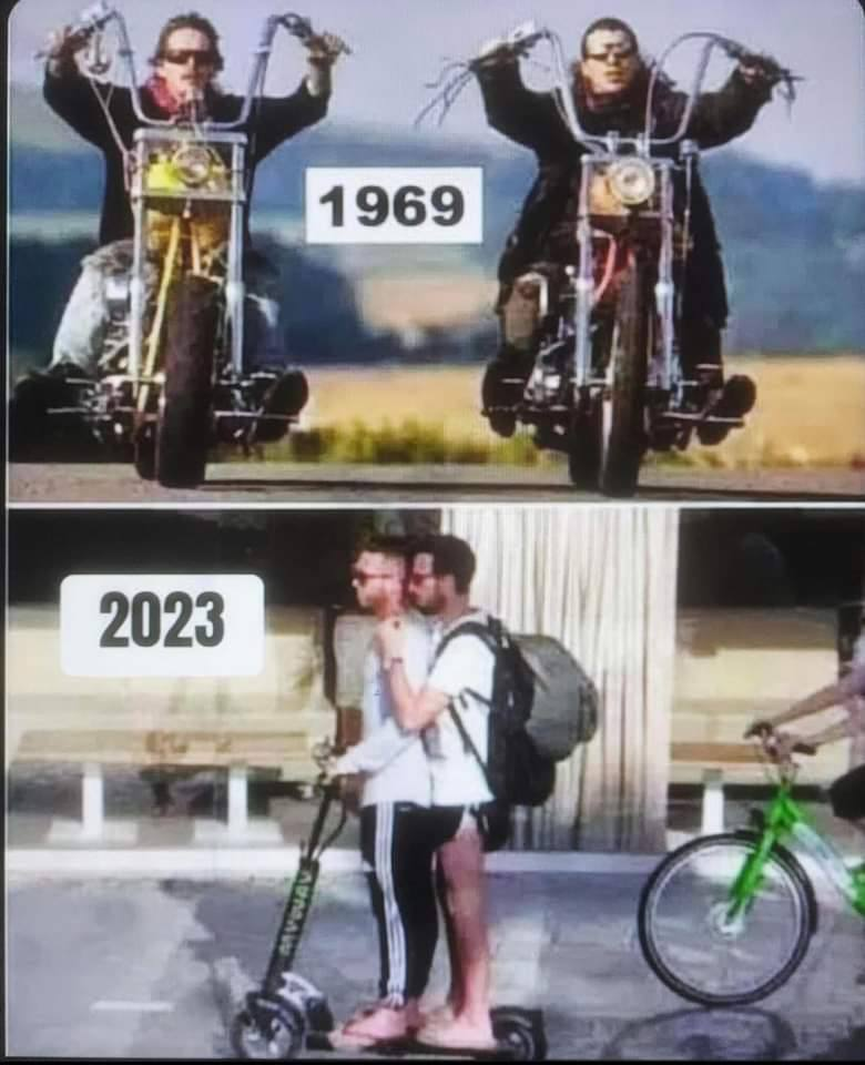 Funny pic contrasting 1969 motocyclists with scooter riders of 2023.