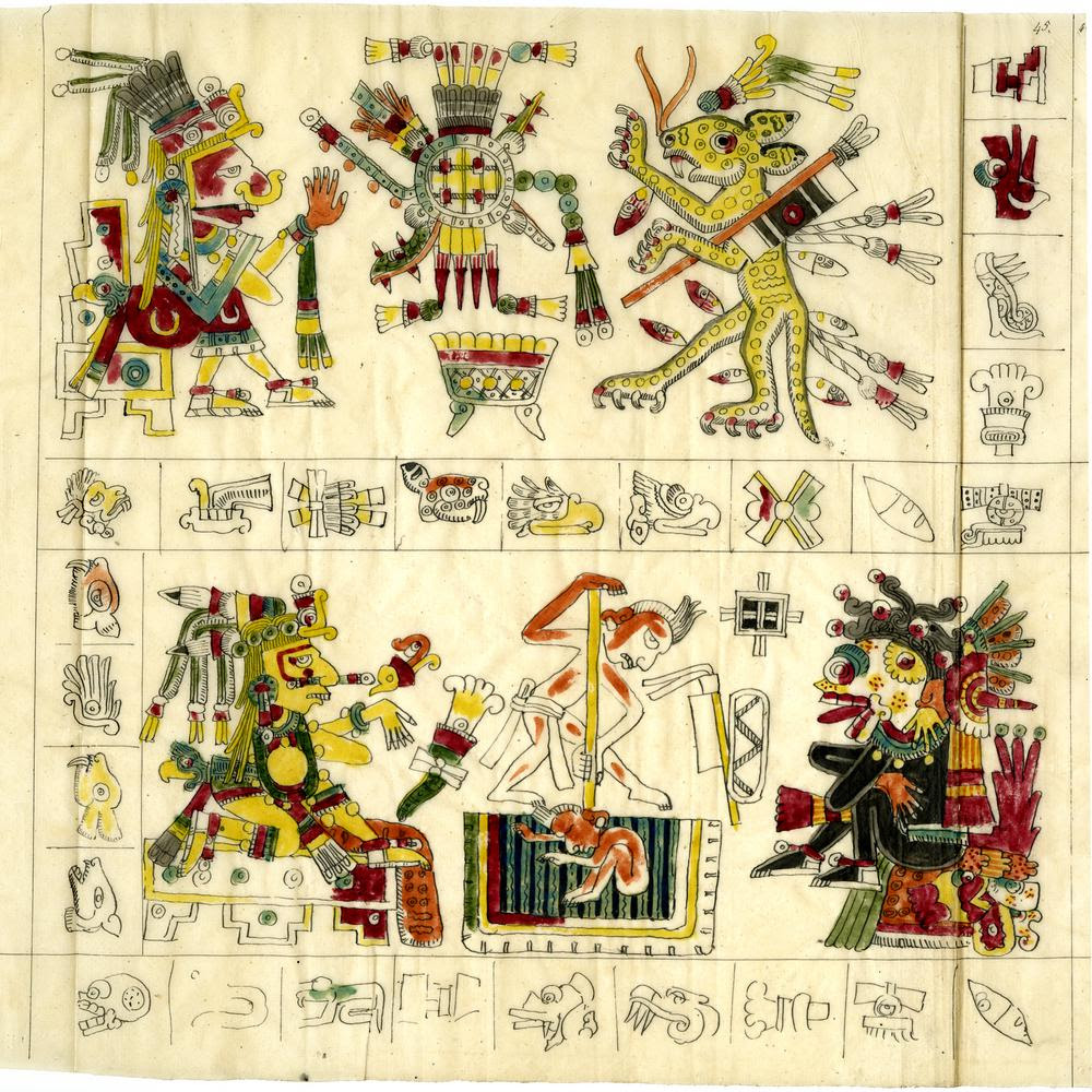 Codex; tracings of Codex Borgia, also known as Codex Borgianus and Códice Borgiano. A pre-Columbian pictorial manuscript; an important pictorial source for the study of Central Mexican gods, ritual, divination, calendar religion and iconography. P 45