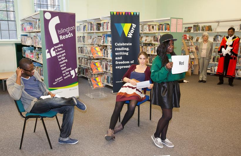 Members of Islington Community Theatre perform a selection of ‘100-word plays’ at the Word Festival launch