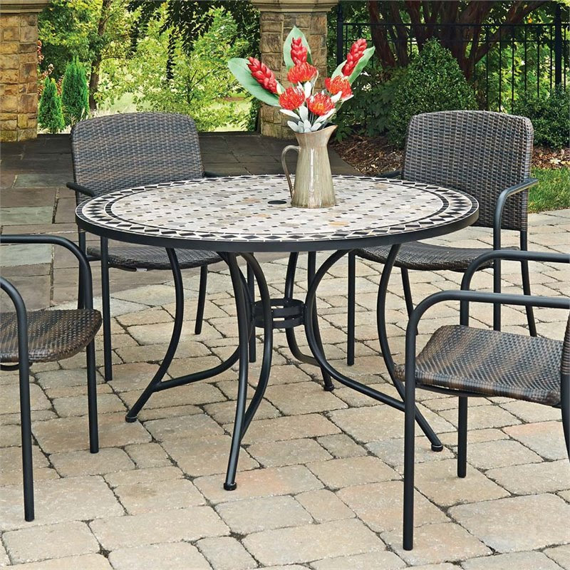 The metal table has an elegant style with slatted slots, and the benches have rounded edge and this set includes a dining table and two seats, and has a rustic industrial tone to its aesthetic. Marble Top Outdoor Dining Table Tiled With Black Metal Legs Interior Design Ideas