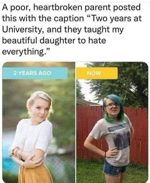 A before and after meme showing a pretty blonde girl from two years ago and a harsh girl with fyed hair. The cation says the college made her hate everything in two years.