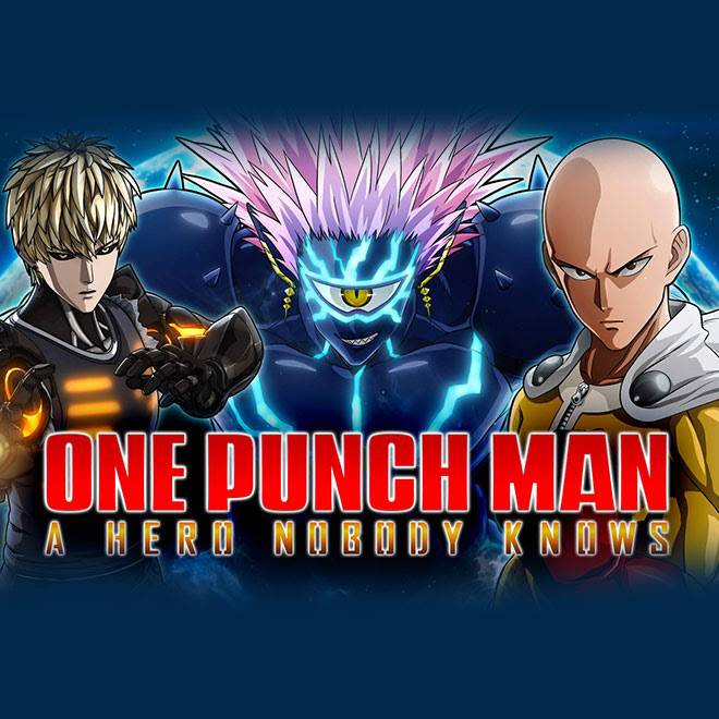 Genos and Saitama stand on either side of the villain Boros behind the One Punch Man: A Hero Nobody Knows logo.