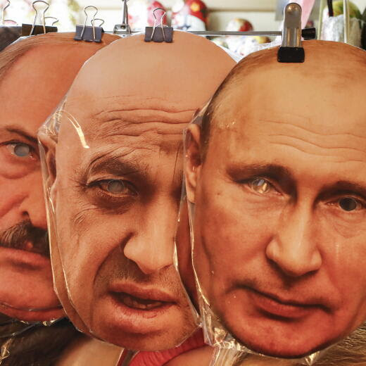 epa10715384 (L-R) Face masks depicting Belarus President Alexander Lukashenko, owner of PMC (Private Military Company) Wagner Yevgeny Prigozhin and Russian President Vladimir Putin are displayed for sale at a souvenir market in St. Petersburg, Russia, 28 June 2023. On 24 June, counter-terrorism measures were enforced in Moscow and other Russian regions after private military company (PMC) Wagner Group chief Yevgeny Prigozhin claimed that his troops had occupied the building of the headquarters of the Southern Military District in Rostov-on-Don, demanding a meeting with Russia's defense chiefs. Belarusian President Lukashenko, a close ally of Putin, negotiated a deal with Wagner chief Prigozhin to stop the movement of the group's fighters across Russia, the press service of the President of Belarus reported. The negotiations were said to have lasted for the entire day. Prigozhin announced that Wagner fighters were turning their columns around and going back in the other direction, returning to their field camps. EPA/ANATOLY MALTSEV