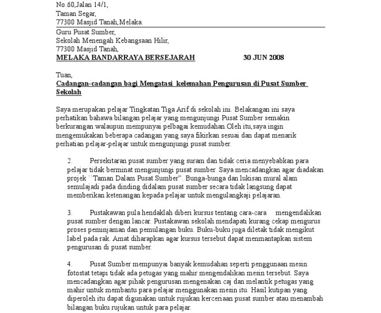 Contoh Karangan Surat Kiriman Rasmi Aduan Kebersihan 