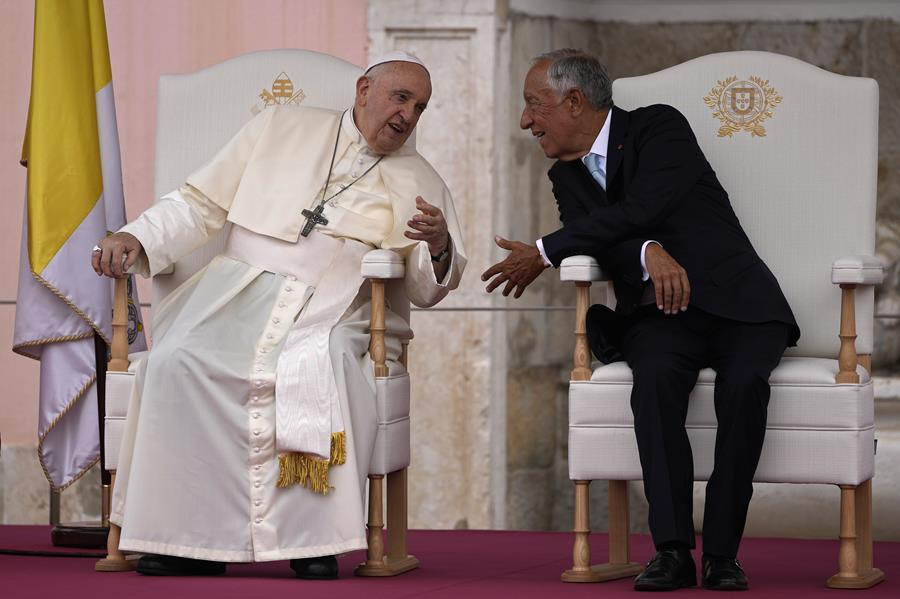 Pope Francis and Portugal’s President Marcelo Rebelo de Sousa, right, converse at the Welcome Ceremony at the Belem presidential palace in Lisbon.