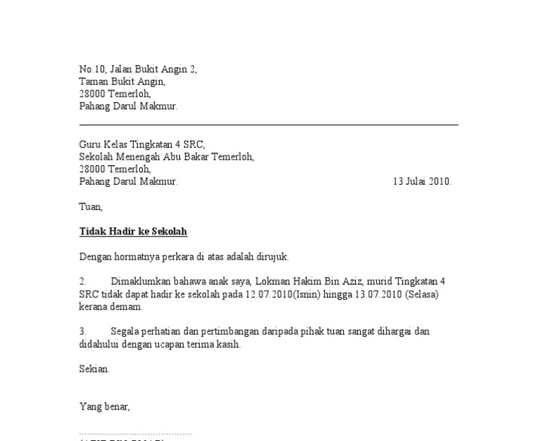 Surat Rasmi Tidak Hadir Bertugas