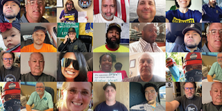 Collage of faces shows union members and their families in various settings.  