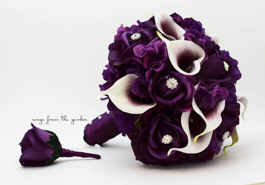 The craftsmanship that goes into every leaf, petal, and arrangement in these silk bouquets is unparalleled. Bridal Bouquet Real Touch Picasso Callas Purple Roses Rhinestones Purple Hydrangea Grooms Boutonniere Purple Plum White Wedding Bouquet 2455987 Weddbook