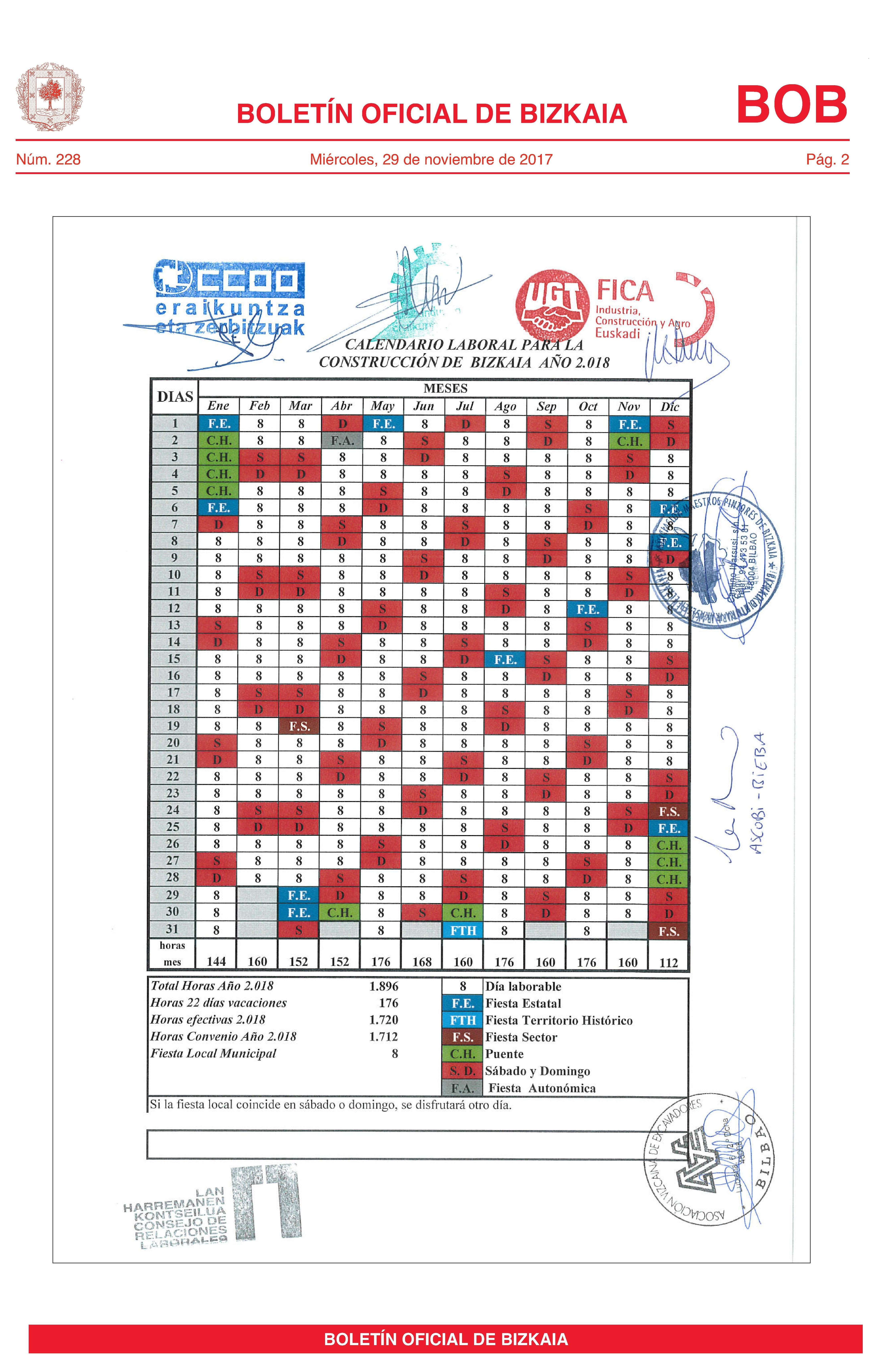 Calendario laboral de bizkaia 2021. Calendario Sector De La Construccion Bizkaia 2018 Asesoria Aretxondo