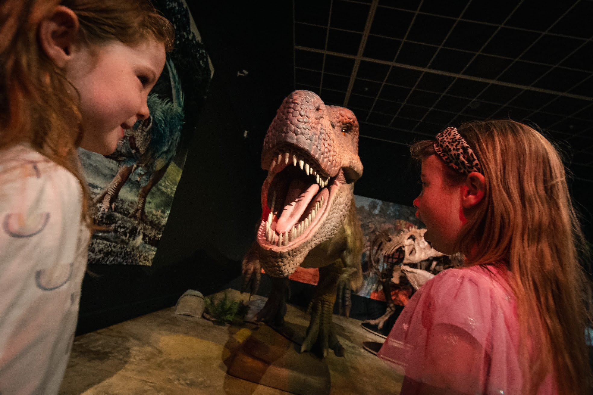 Two girls looking at a large dinosaur model