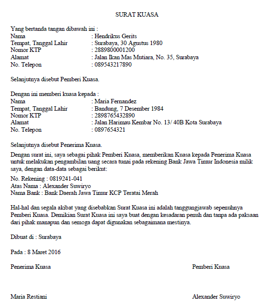 Contoh Surat Kuasa Nomor Rekening