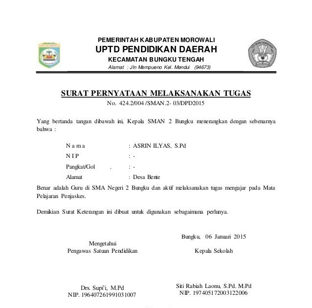 Surat Keterangan Melaksanakan Tugas Mengajar Dari Kepala Sekolah - Bagi Contoh Surat