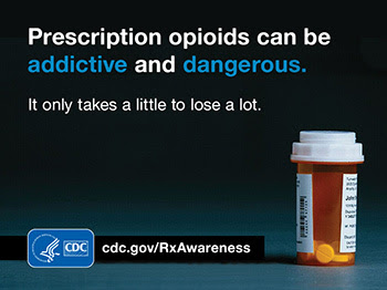 Prescription opioids can be addictive and dangerous. It only takes a little to lose a lot. HHS CDC cdc.gov/RxAwareness