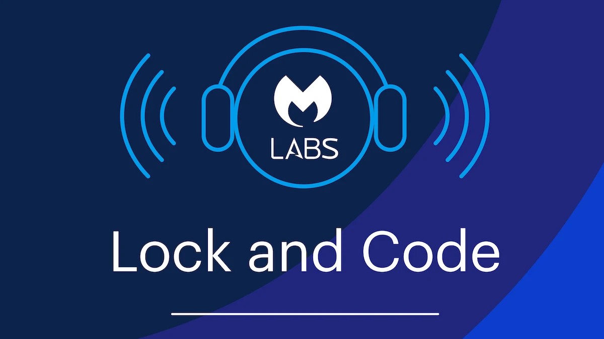 The Lock and Code logo, which includes the Malwarebytes Labs insignia ensconced in a pair of headphones
